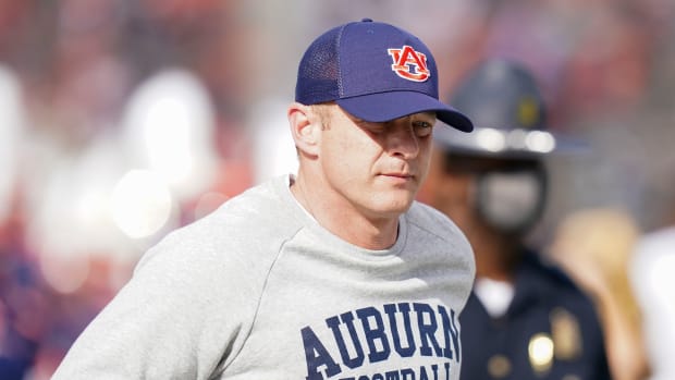 Dec 28, 2021; Birmingham, Alabama, USA; Auburn Tigers head coach Bryan Harsin during the first half of the 2021 Birmingham Bowl against Houston at Protective Stadium. Mandatory Credit: Marvin Gentry-USA TODAY Sports